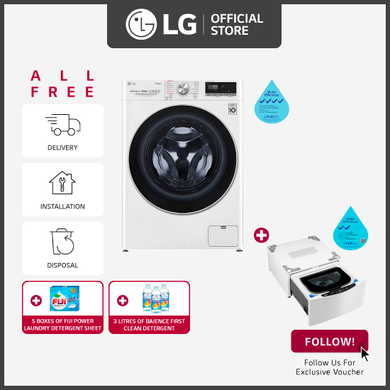 [Bulky] LG FV1409S3W 9KG AI Direct Drive Front Load Washing Machine + LG Top Load Mini Washer TV2425NTWW 2.5kg Blue White + Free Delivery + Free Installation + Free Disposal