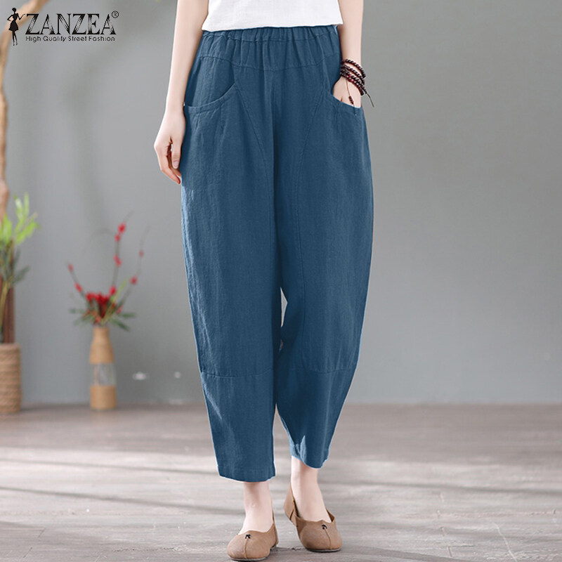 ZANZEA Women Summer Cotton Loose Harem Pants Retro Casual Slacks Long Trousers
